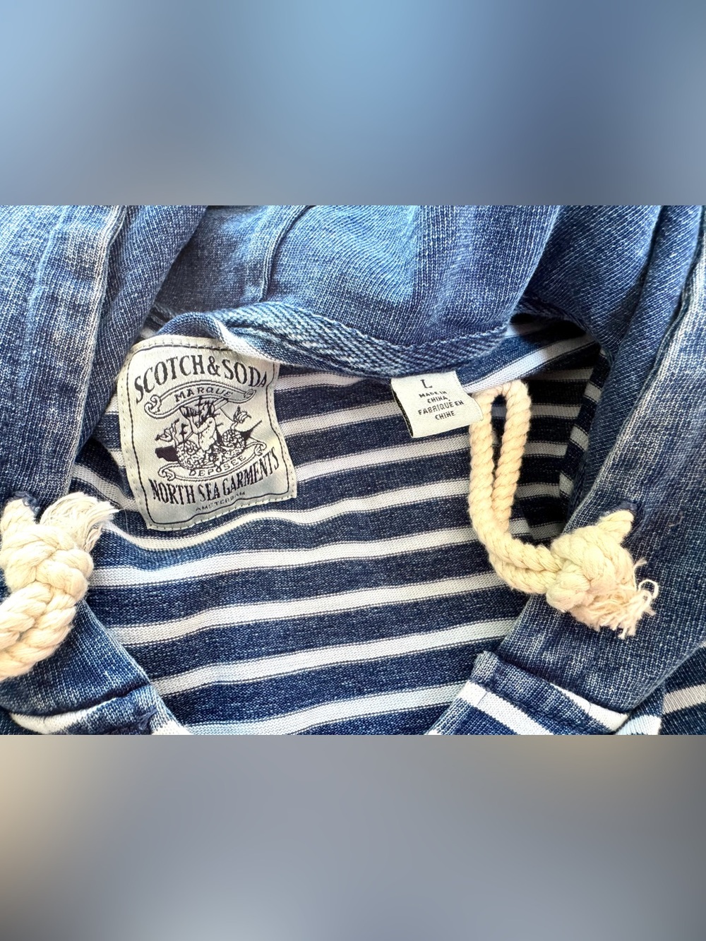 Scotch & Soda Striped Men’s Cotton Hoodie Slim Fit Pockets Marine Denim Blue L - Picture 3 of 4